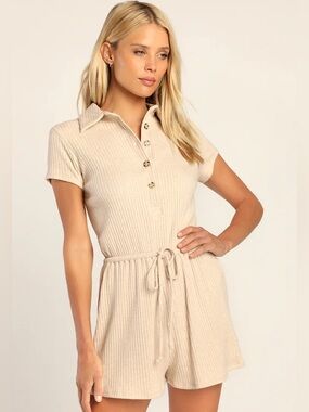 Lulus Casual Charm Beige Ribbed Button-Up Drawstring Romper Medium